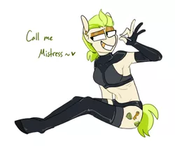 Size: 960x798 | Tagged: suggestive, artist:redxbacon, derpibooru import, oc, oc:golden keylime, unofficial characters only, anthro, earth pony, unguligrade anthro, armpits, breasts, cigarette, clothes, cutie mark, ear piercing, earring, female, grin, latex, lidded eyes, mare, mistress, piercing, simple background, sitting, skinny, smiling, solo, stockings, thigh highs, white background
