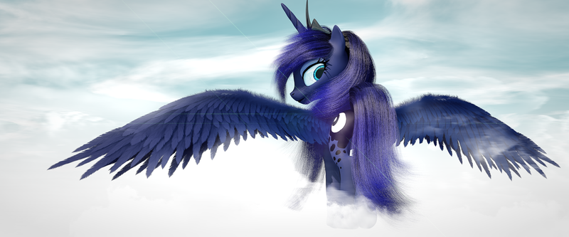 Size: 2160x900 | Tagged: safe, artist:thelunagames, derpibooru import, princess luna, alicorn, pony, 3d, cinema4d, cloud, cutie mark, female, horn, jewelry, looking at you, looking back, looking back at you, mare, on a cloud, regalia, solo, spread wings, standing on cloud, tiara, wings