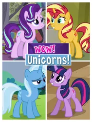 Size: 620x820 | Tagged: safe, derpibooru import, starlight glimmer, sunset shimmer, trixie, twilight sparkle, pony, unicorn, captain obvious, counterparts, female, magical quartet, magical trio, mare, meme, twilight's counterparts, unicorn master race, unicorn twilight, we are unicorns, wow! glimmer