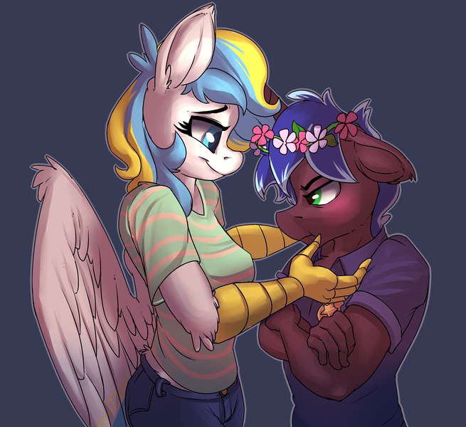 Size: 2400x2200 | Tagged: safe, artist:passigcamel, derpibooru import, oc, oc:lily sky, oc:lock down, unofficial characters only, anthro, hippogriff, unicorn, anthro oc, blushing, clothes, crossed arms, female, floppy ears, floral head wreath, flower, oc x oc, shipping, shirt, simple background, size difference, smiling