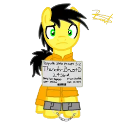 Size: 768x768 | Tagged: artist:thunder burst, base used, chains, clothes, derpibooru import, jail, nervous, oc, oc:thunder burst, prison, prisoner, prison outfit, restraints, safe, shackles, simple background, solo, transparent background, unofficial characters only