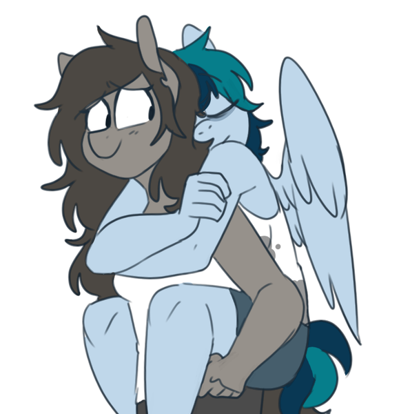 Size: 665x671 | Tagged: safe, artist:redxbacon, derpibooru import, oc, oc:delta vee, oc:trash, unofficial characters only, anthro, earth pony, pegasus, anthro oc, clothes, eyes closed, female, lesbian, looking back, mare, oc x oc, piggyback ride, shipping, simple background, smiling, trashvee, white background