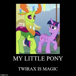 Size: 500x500 | Tagged: safe, derpibooru import, edit, edited screencap, screencap, thorax, twilight sparkle, twilight sparkle (alicorn), alicorn, changedling, changeling, pony, triple threat, caption, cropped, female, imgflip, king thorax, looking at each other, male, meme, ponyville, raised hoof, shipping, size difference, smiling, straight, text, twirax