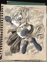 Size: 1536x2048 | Tagged: safe, artist:andypriceart, derpibooru import, ponified, earth pony, pony, andy you magnificent bastard, boob window, cape, clothes, female, grayscale, lampshade hanging, mare, monochrome, power girl, signature, solo, superhero, traditional art