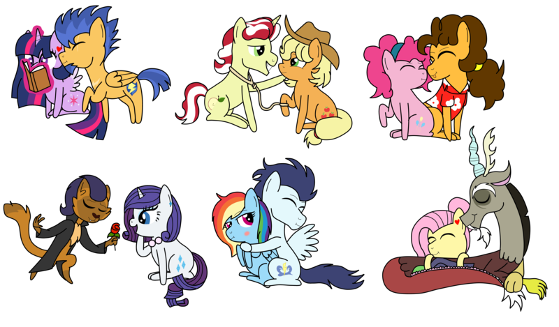 Size: 9808x5752 | Tagged: safe, artist:kannayui, derpibooru import, applejack, capper dapperpaws, cheese sandwich, discord, flash sentry, flim, fluttershy, pinkie pie, rainbow dash, rarity, soarin', twilight sparkle, twilight sparkle (alicorn), abyssinian, alicorn, anthro, my little pony: the movie, absurd resolution, blushing, book, capperity, cheesepie, cowboy hat, discoshy, female, flashlight, flimjack, flower, hat, heart, hug, kissing, lasso, male, mane six, rope, rose, shipping, simple background, soarindash, stallion, straight, tongue out, transparent background