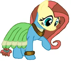 Size: 456x390 | Tagged: safe, artist:qjosh, derpibooru import, fluttershy, meadowbrook, earth pony, pegasus, pony, accessory, bracelet, character to character, clothes, dress, female, hairband, jewelry, looking down, mare, necklace, pony to pony, raised leg, simple background, smiling, standing, transformation, white background