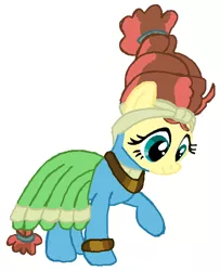 Size: 452x557 | Tagged: safe, artist:qjosh, derpibooru import, fluttershy, meadowbrook, earth pony, pegasus, pony, accessory, bracelet, character to character, clothes, dress, female, hairband, headband, jewelry, looking down, mare, necklace, pony to pony, raised leg, simple background, smiling, standing, transformation, white background