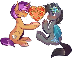 Size: 2652x2161 | Tagged: safe, artist:ak4neh, derpibooru import, oc, oc:seachell, oc:sharkbutt, unofficial characters only, bat pony, pony, unicorn, bat pony oc, blushing, digital art, female, flower, flower in hair, heart container, high res, male, mare, sharkchell, shipping, simple background, sitting, stallion, straight, the legend of zelda, transparent background