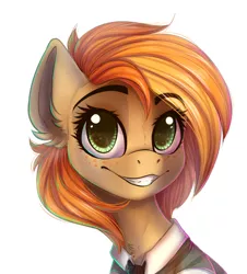 Size: 1024x1135 | Tagged: dead source, safe, artist:freckleplant, derpibooru import, oc, oc:parlay, unofficial characters only, earth pony, pony, bust, clothes, commission, eye clipping through hair, female, mare, smiling