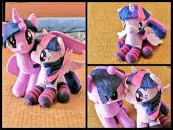 Size: 1024x768 | Tagged: safe, artist:nekokevin, derpibooru import, twilight sparkle, twilight sparkle (alicorn), alicorn, unicorn, 4de, boop, clothes, duo, female, hug, irl, looking at you, mare, noseboop, photo, plushie, self ponidox, sitting, size difference, socks, spread wings, starlight's little twibird, striped socks, triality, winghug, wings