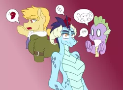 Size: 1024x750 | Tagged: artist:the annoying tac, blushing, clothes, derpibooru import, dragon, jacket, male, oc, oc:squiggles, oc:techno sparklers, pictogram, princess ember, safe, spike, stallion, travelers or nomads, zzz