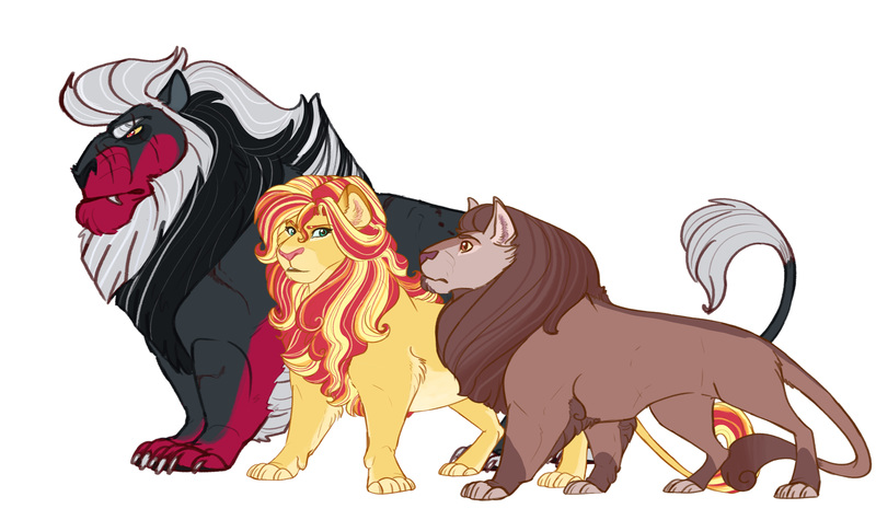 Size: 9005x5349 | Tagged: absurd resolution, alternate universe, animal, artist:earthsong9405, big cat, cat, derpibooru import, female, fluffy au, lion, lioness, lionified, long description, lord tirek, male, safe, scorpan, simple background, size comparison, solo, species swap, sunset shimmer, trio, white background