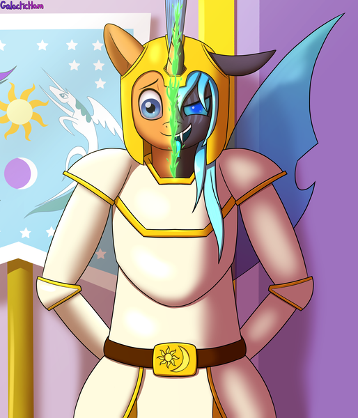 Size: 3000x3500 | Tagged: anthro, armor, artist:galacticham, blue changeling, changeling, changeling oc, derpibooru import, equestrian flag, male, oc, oc:kryostasis, open mouth, safe, solo, unofficial characters only