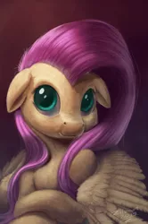 Size: 6732x10124 | Tagged: safe, artist:zilvart, derpibooru import, fluttershy, pegasus, pony, absurd file size, absurd resolution, bust, female, floppy ears, head turn, looking at you, ludicrous res, mare, needs more rendering, portrait, signature, smiling, solo, wings