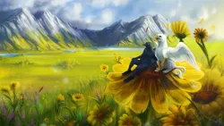 Size: 1920x1080 | Tagged: safe, artist:vampi, derpibooru import, oc, oc:der, unofficial characters only, gryphon, dandelion, duo, field, flower, furry, male, micro, mountain, nature, pollen, scenery
