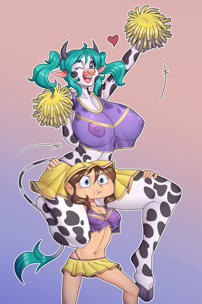 Size: 2812x4225 | Tagged: anthro, armpits, artist:nauth, big breasts, breasts, cheerleader, clothes, cloven hooves, commission, cow, derpibooru import, duo, duo female, female, floating heart, gradient background, heart, huge breasts, human, love, midriff, nipples, nudity, oc, oc:alissa, one eye closed, panties, pom pom, questionable, see-through, shoulder ride, skirt, thong, underwear, unguligrade anthro, unofficial characters only, wink