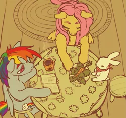 Size: 1111x1038 | Tagged: safe, artist:starstation, derpibooru import, angel bunny, fluttershy, rainbow dash, pegasus, pony, carrot, food, indoors, overhead view, perspective, reading, sitting, table, top down, trio