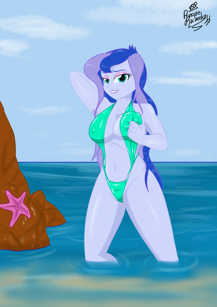 Size: 3550x5016 | Tagged: questionable, artist:principe-ricardo, derpibooru import, princess luna, starfish, equestria girls, arm behind head, armpits, beach, belly button, bikini, bra, breast fondling, breast grab, breasts, cameltoe, clothes, erect nipples, female, grope, looking at you, midriff, nipple outline, ocean, smiling, solo, solo female, swimsuit, underwear, vice principal luna, wet, wet hair