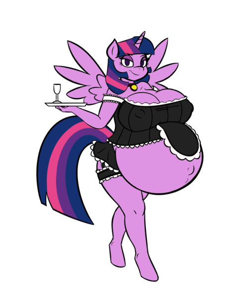 Size: 1500x1800 | Tagged: alicorn, anthro, artist:funble, artist:solka25, belly, belly button, big belly, big breasts, breasts, busty twilight sparkle, cleavage, clothes, derpibooru import, female, glass, huge belly, hyper, hyper pregnancy, looking at you, maid, preglight sparkle, pregnant, questionable, simple background, solo, solo female, twilight sparkle, twilight sparkle (alicorn), unguligrade anthro