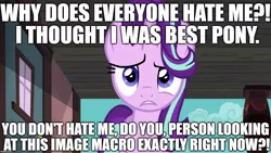 Size: 1280x720 | Tagged: best pony, confused, derpibooru import, drama, edit, edited screencap, editor:useraccount, image macro, looking at you, meme, question, safe, screencap, shitposting, starlight drama, starlight drama drama, starlight glimmer, worst pony