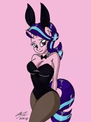 Size: 480x637 | Tagged: suggestive, artist:newyorkx3, color edit, derpibooru import, edit, starlight glimmer, anthro, unicorn, breasts, bunny ears, bunny suit, busty starlight glimmer, clothes, colored, curvy, cute, female, glimmerbetes, horn, leotard, mare, pantyhose, playboy bunny, sexy, simple background, smiling, solo, solo female, stupid sexy starlight glimmer