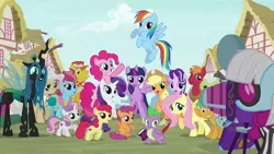 Size: 1280x720 | Tagged: artist needed, safe, derpibooru import, edit, edited screencap, screencap, apple bloom, applejack, big macintosh, carrot cake, cup cake, fluttershy, granny smith, mayor mare, photo finish, pinkie pie, queen chrysalis, rainbow dash, rarity, scootaloo, snails, snips, spike, starlight glimmer, sweetie belle, twilight sparkle, twilight sparkle (alicorn), zecora, alicorn, changeling, changeling queen, dragon, earth pony, pegasus, pony, unicorn, zebra, season 7, adorkable, alternate ending, alternate scenario, alternate universe, camera, colt, cute, cutealis, dork, dorkalis, excited, faic, female, good end, grin, happy, intro, irrational exuberance, male, mare, one of these things is not like the others, opening, reformed, silly, silly pony, smiling, squee, stallion, theme song, what if, when she smiles