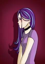 Size: 1500x2121 | Tagged: artist:liny-an, blushing, choker, clothes, derpibooru import, ear piercing, earring, human, humanized, jewelry, piercing, profile, sad, safe, shadow, shirt, shy, starlight glimmer, teenage glimmer, teenager, t-shirt