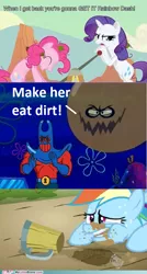 Size: 481x896 | Tagged: comic, derpibooru import, dirt, dirty bubble, eating dirt, edit, edited screencap, image macro, manray, meme, mermaid man and barnacle boy v, mud, my little brony, pinkie pie, rainbow dash, rarity, safe, screencap, screencap comic, spongebob squarepants, the last roundup, the super speedy cider squeezy 6000