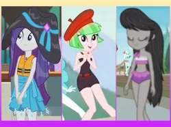 Size: 1374x1023 | Tagged: safe, derpibooru import, edit, edited screencap, screencap, drama letter, octavia melody, rarity, watermelody, equestria girls, equestria girls series, the salty sails, turf war, x marks the spot, background human, clothes, female, geode of shielding, magical geodes, swimsuit, trio, trio female