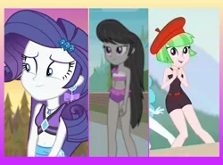 Size: 1381x1024 | Tagged: safe, derpibooru import, edit, edited screencap, screencap, drama letter, octavia melody, rarity, watermelody, equestria girls, equestria girls series, lost and found, turf war, x marks the spot, clothes, female, geode of shielding, magical geodes, swimsuit, trio, trio female