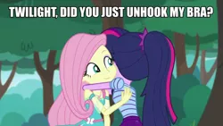 Size: 1080x608 | Tagged: suggestive, derpibooru import, edit, edited screencap, screencap, fluttershy, sci-twi, twilight sparkle, equestria girls, equestria girls series, text support, hug, image macro, meme, text support: fluttershy, unhook bra