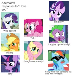 Size: 800x863 | Tagged: safe, derpibooru import, applejack, fluttershy, pinkie pie, rainbow dash, rarity, spike, starlight glimmer, twilight sparkle, alicorn, dragon, earth pony, pegasus, pony, unicorn, alternative responses to i love you, blushing, cowboy hat, female, hat, i love you, male, mane seven, mane six, mare, meme, open mouth, smug, sunglasses, yeet