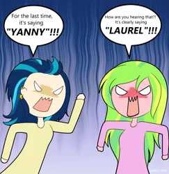 Size: 1543x1589 | Tagged: safe, artist:electricshine, derpibooru import, indigo zap, lemon zest, equestria girls, female, laurel, speech bubble, yanny