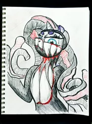 Size: 2560x3437 | Tagged: semi-grimdark, artist:shoeunit, derpibooru import, rarity, pony, unicorn, blood, bodypaint, female, finn balor, mare, solo, sports, teeth, traditional art, wrestling, wwe