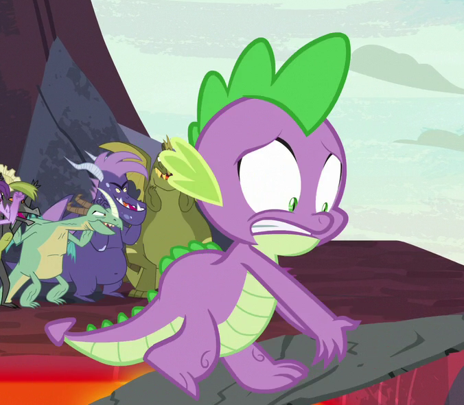 Size: 676x590 | Tagged: safe, derpibooru import, screencap, spike, dragon, season 7, shadow play, background dragon, claws, cropped, male, nervous, teenaged dragon