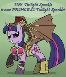 Size: 798x935 | Tagged: safe, artist:spyroconspirator, derpibooru import, twilight sparkle, pony, unicorn, artificial wings, augmented, goggles, hat, mechanical wing, raised hoof, solo, steampunk, top hat, wings