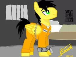 Size: 1024x768 | Tagged: artist:thunder burst, bed, bound wings, cell, chains, clothes, criminal, cuffs, derpibooru import, jail, male, oc, oc:thunder burst, playboy, playpony, prison, prisoner, prison outfit, rainbow dash, shackles, solo, solo male, suggestive