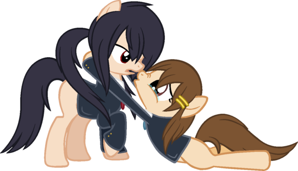 Size: 600x344 | Tagged: artist needed, safe, derpibooru import, ponified, earth pony, pony, clothes, crossover, hirasawa yui, hug, k-on, nakano azusa, raised hoof, simple background, white background