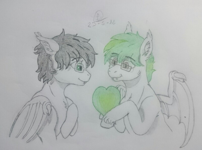 Size: 2908x2158 | Tagged: safe, artist:skipper arias, derpibooru import, oc, oc:silver s, oc:silver sanction, oc:skipper dust, bat pony, bat pony oc, cute, green eyes, love, sketch, traditional art, white