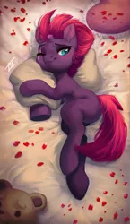 Size: 1215x2100 | Tagged: suggestive, artist:locksto, derpibooru import, fizzlepop berrytwist, tempest shadow, pony, unicorn, my little pony: the movie, blank flank, broken horn, cute, eye scar, female, hug, laying on bed, looking back, mare, pillow, pillow hug, scar, side, smiling, solo, solo female, teddy bear, tempestbetes