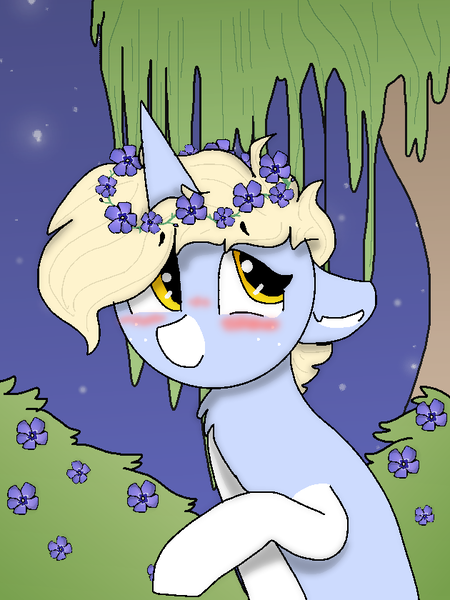 Size: 630x840 | Tagged: safe, artist:nootaz, derpibooru import, oc, oc:nootaz, unofficial characters only, pony, unicorn, blushing, cute, female, floppy ears, floral head wreath, flower, freckles, mare, night, nootabetes, nootaz is trying to murder us, ocbetes, periwinkle (flower), raised hoof, smiling, solo, tree