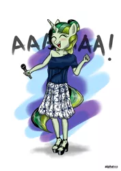 Size: 3506x4963 | Tagged: safe, artist:alphatea, derpibooru import, oc, oc:camellia yasmina, unofficial characters only, anthro, plantigrade anthro, unicorn, anthro oc, bare shoulders, blushing, clothes, dress, dressing, eyes closed, female, happy, high heels, mare, microphone, open mouth, rule 63, shoes, singing, solo, standing