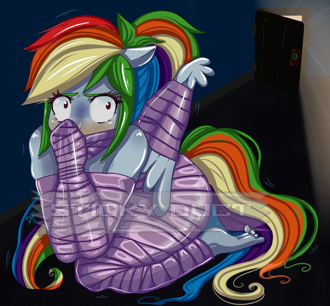 Size: 2760x2560 | Tagged: suggestive, artist:stickyduct, derpibooru import, rainbow dash, human, equestria girls, armbinder, barefoot, blushing, bondage, bound wings, dark room, door, duct tape, feet, female, gag, high res, kneeling, looking back, mummification, mummified, nudity, ponied up, scared, solo, solo female, tail, tape bondage, tape gag, tied hands, watermark, wide eyes, wrapped up