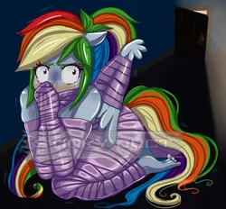 Size: 2760x2560 | Tagged: suggestive, artist:stickyduct, derpibooru import, rainbow dash, human, equestria girls, armbinder, barefoot, blushing, bondage, bound wings, dark room, door, duct tape, feet, female, gag, high res, kneeling, looking back, mummification, mummified, nudity, ponied up, scared, solo, solo female, tail, tape bondage, tape gag, tied hands, watermark, wide eyes, wrapped up