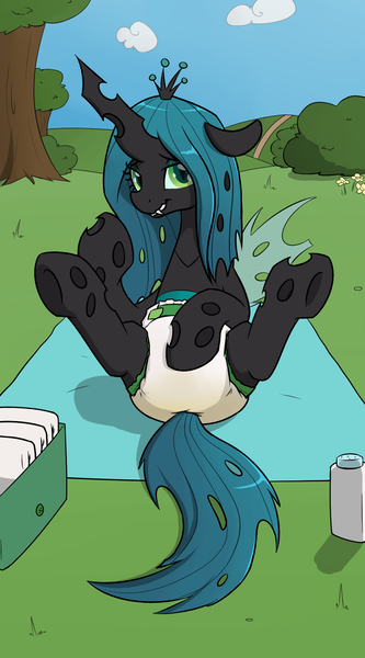 Size: 1000x1800 | Tagged: artist:skitter, changeling, changeling queen, changing mat, cute, cutealis, derpibooru import, dialogue, diaper, diaper bag, diaper fetish, edit, editor:hodgepodgedl, female, fetish, foal powder, lidded eyes, looking at you, on back, outdoors, queen chrysalis, questionable, solo, solo female, tree, underhoof, urine, wet diaper