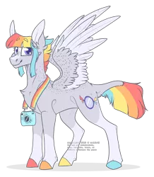 Size: 1139x1304 | Tagged: safe, artist:wolfs42, derpibooru import, oc, oc:fuji flash, unofficial characters only, pegasus, pony, camera, colored hooves, rainbow, rainbow hair, simple background, solo, transparent background