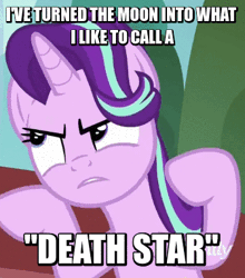 Size: 336x381 | Tagged: air quotes, animated, austin powers, death star, derpibooru import, dr. evil, gif, image macro, meme, safe, starlight glimmer, star wars, the parent map