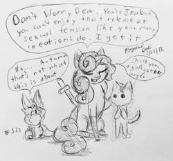 Size: 2422x2258 | Tagged: safe, artist:floofyfoxcomics, derpibooru import, oc, oc:autumn science, fennec fox, pony, unicorn, epic battle fantasy, female, godcat, high res, mare, monochrome, sketch, traditional art