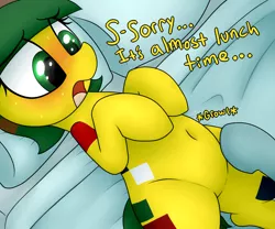Size: 1200x1000 | Tagged: safe, artist:datte-before-dawn, derpibooru import, oc, oc:blocky bits, bed, belly button, comic, female, hungry, imminent belly rub, lying down, mare, open mouth, pillow, stomach noise, talking