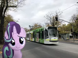 Size: 1024x768 | Tagged: safe, artist:naijiwizard, derpibooru import, edit, starlight glimmer, unicorn, city, cloud, cloudy, female, irl, looking at you, photo, photoshop, ponies in real life, smiling, tram